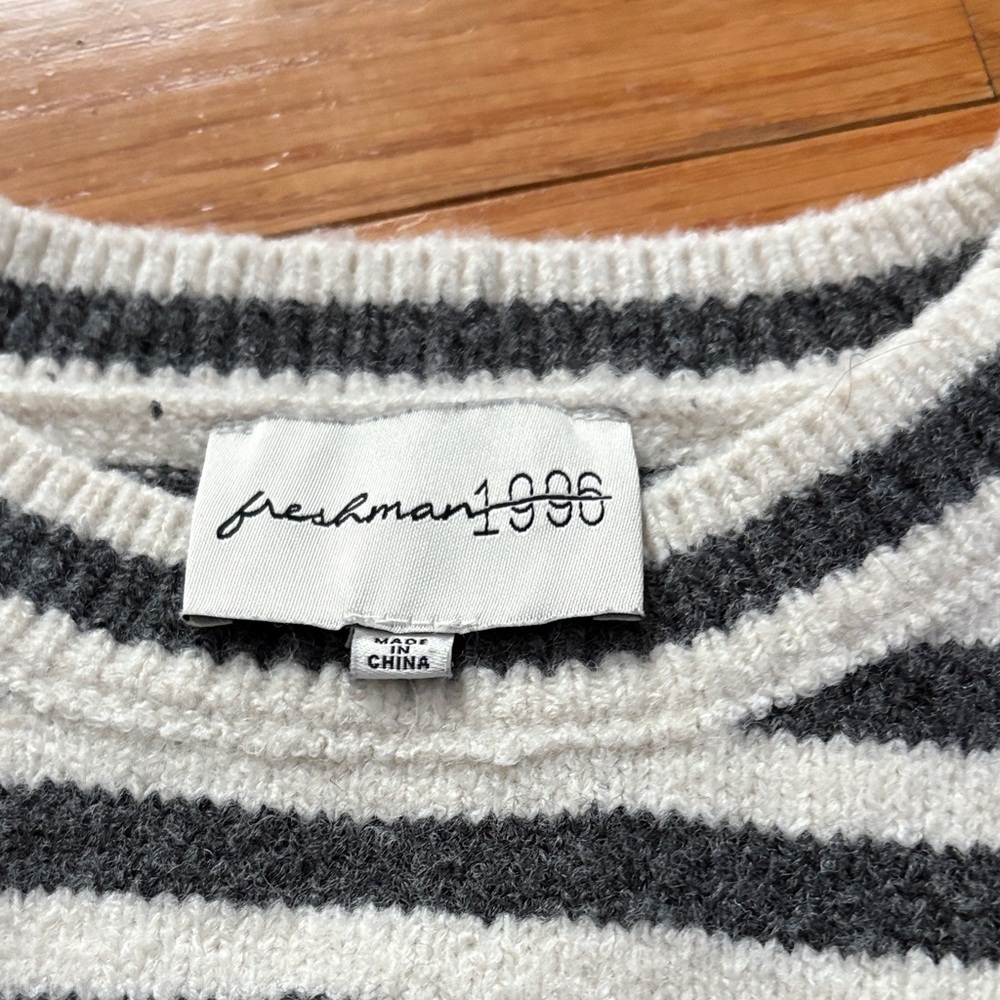 Freshman Striped Star Sweater in cream and Gray with navy star - Picture 2 of 7